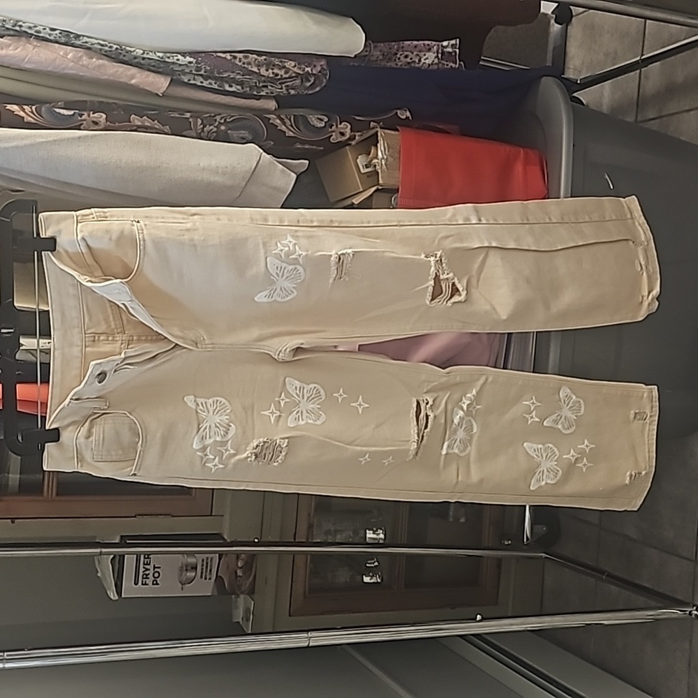 Shein size 4 beige white butterfly jeans